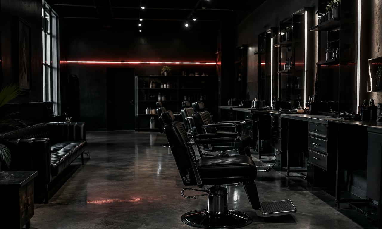 Dark industrial barbershop interior